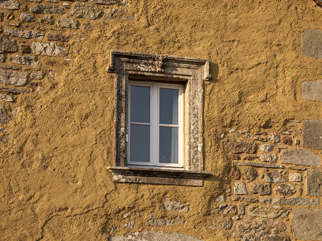 Façade de maison ancienne en pierre habillée d'un enduit à la chaux teinté