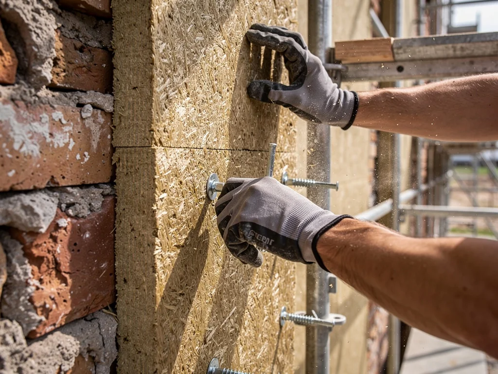 Pose de panneaux en fibre de bois sur un mur ancien depuis un échafaudage